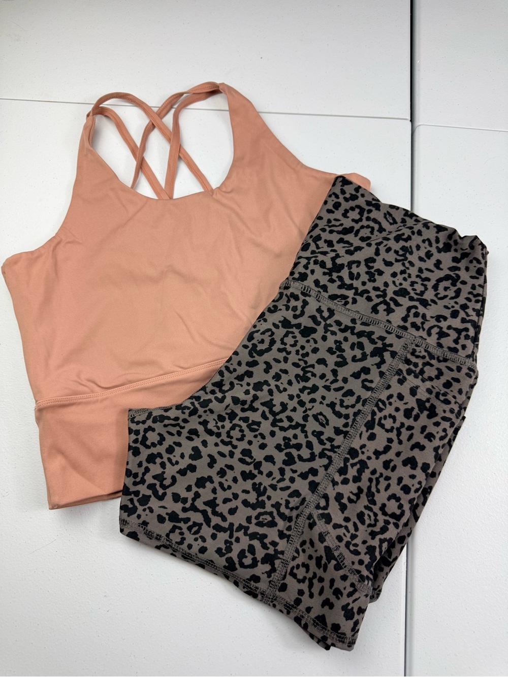 Peach Cross-Back Sports Bra with Taupe Leopard Shorts large